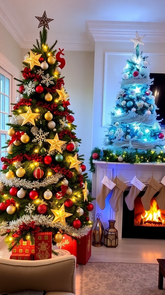Elegant Christmas Tree Decorating Ideas Two Christmas trees in a living room, one traditional and one modern, decorated with festive ornaments and lights.
